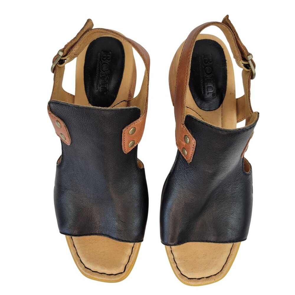 Born Black & Brown Leather Open-Toe Block Heel Sandals 7M - Picture 2 of 12